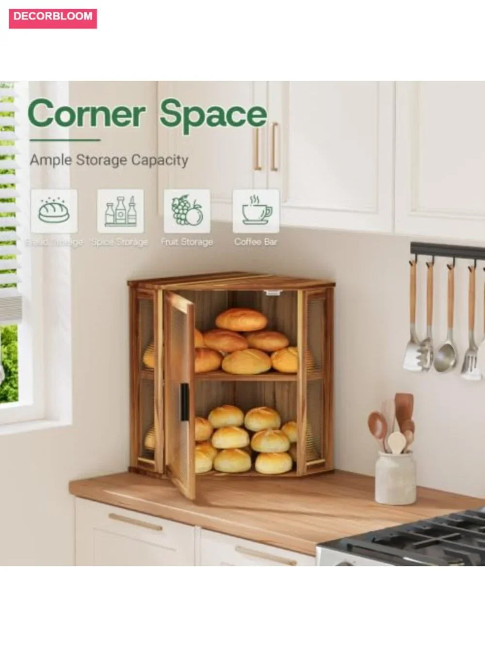 Acacia Wood Corner Bread Box with Magnetic Acrylic Window, Double Layer Storage